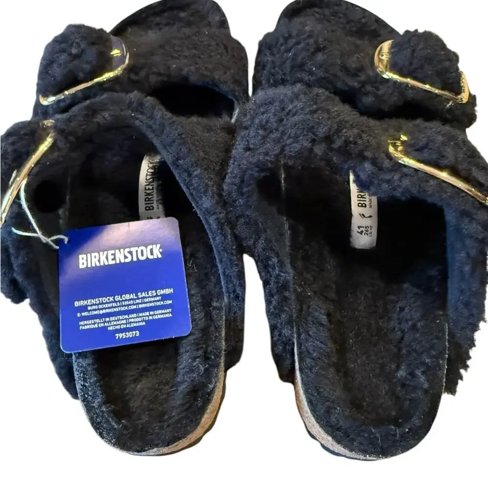 Birkenstock Arizona Big Buckle Teddy Black & Gold Sandals Womens Size 10 NIB